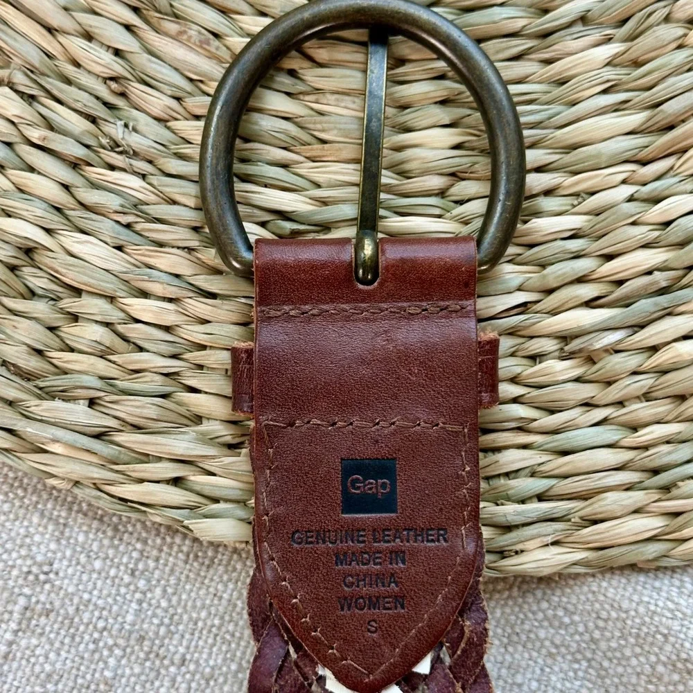 Gap Womens Brown Woven Leather Braided Belt Small Brass D-Ring Buckle Boho 40in